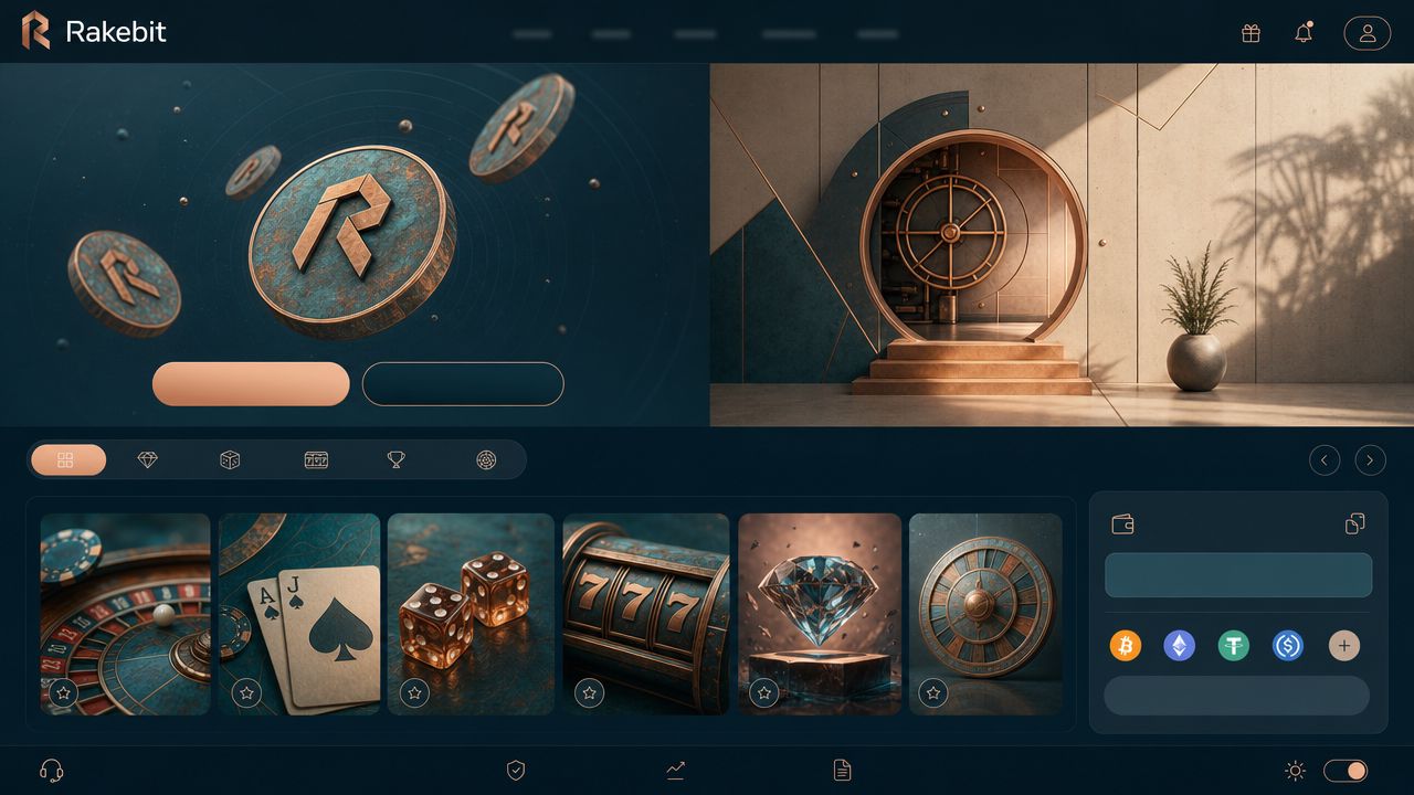 Startseite des Krypto-Casinos Rakebit mit Spielübersicht und Wallet-Bereich