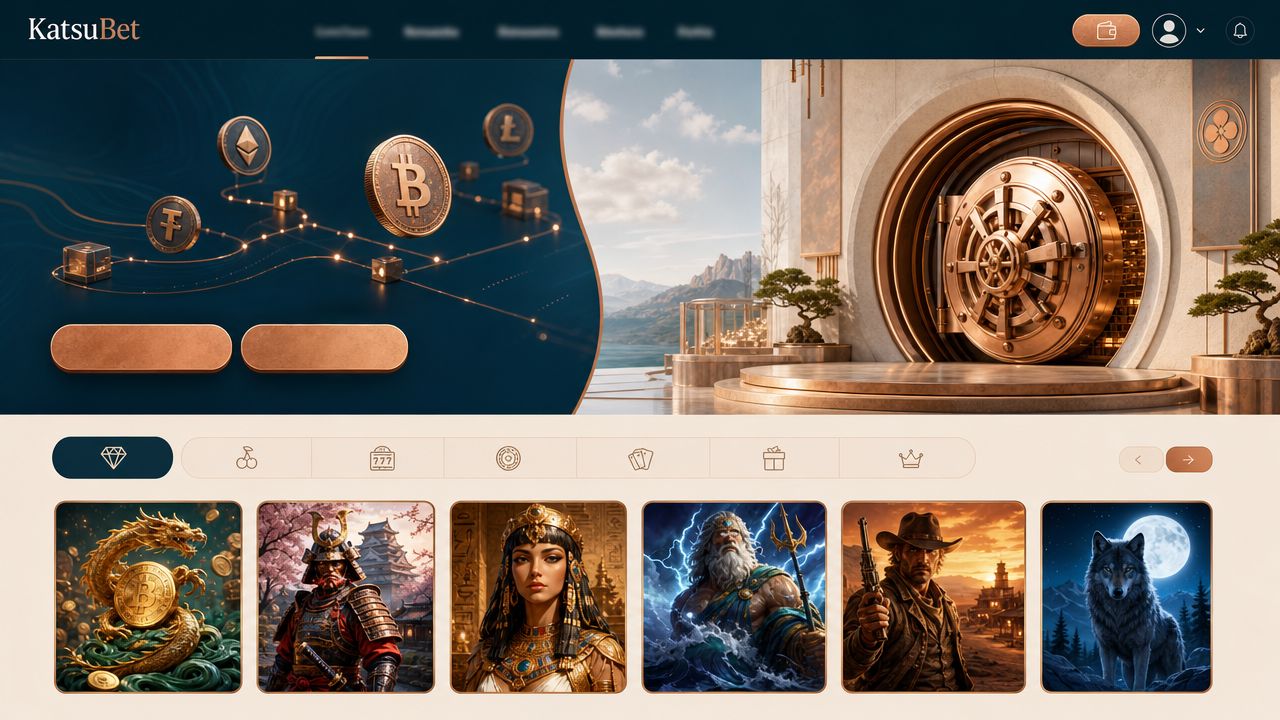 Startseite von KatsuBet mit Spielkategorien und Slot-Auswahl