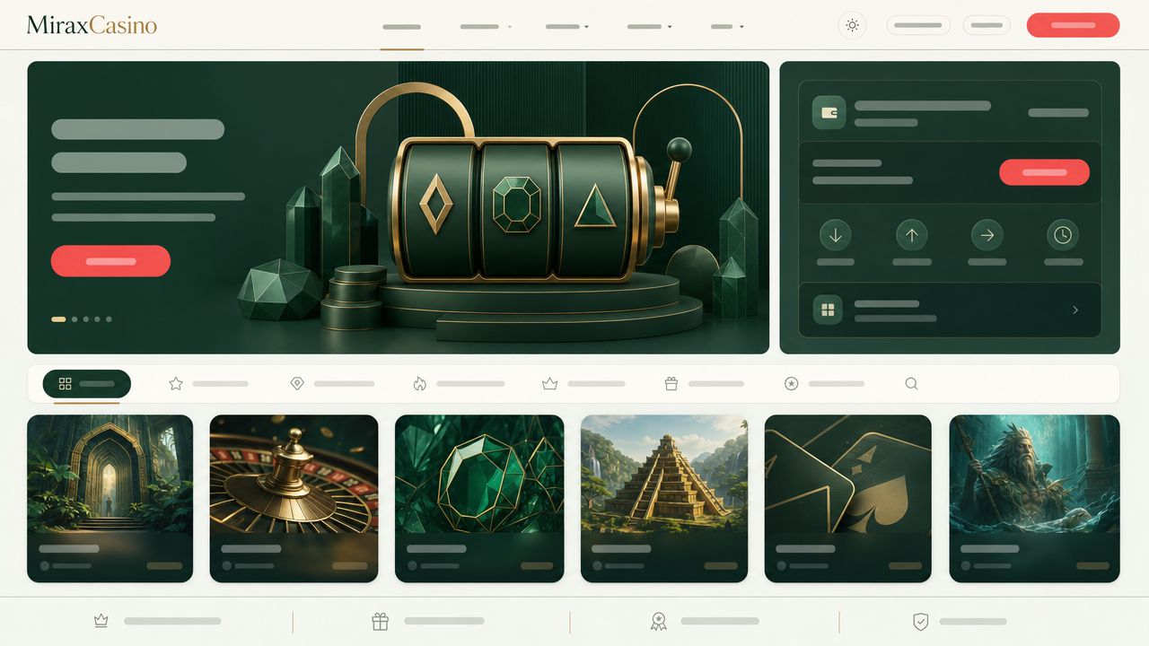 Startseite von MiraxCasino mit Spielkategorien und Wallet-Bereich