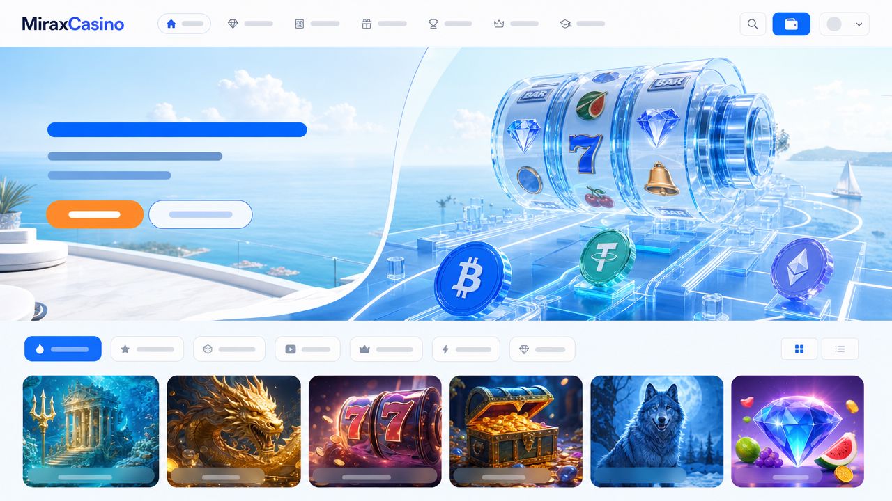 Startseite von MiraxCasino mit Spielübersicht und Krypto-Elementen