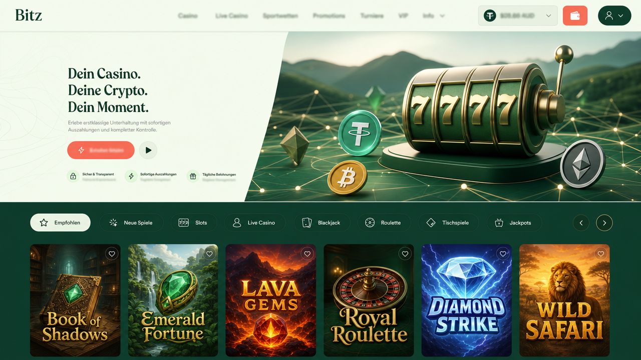 Screenshot der Bitz-Startseite mit Spielkacheln und Navigationsleiste