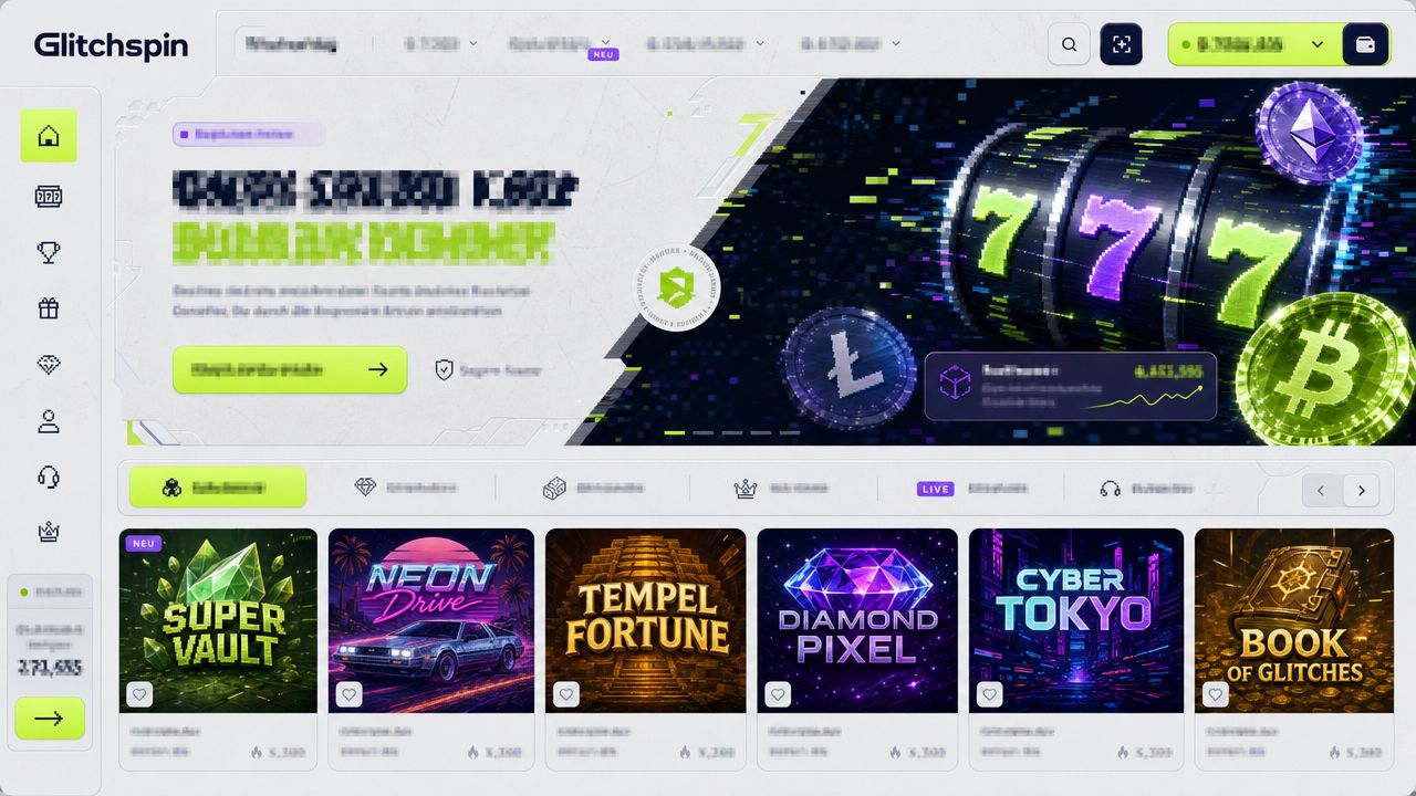 Startseite von Glitchspin mit Spielautomaten und Spielkategorien