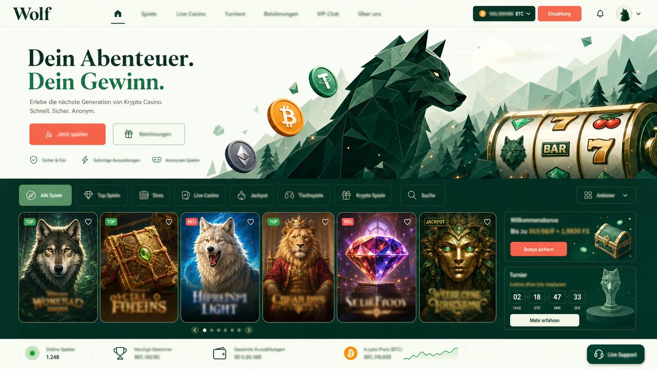 Startseite von Wolf.io mit Spielkategorien und Spielautomaten im Überblick