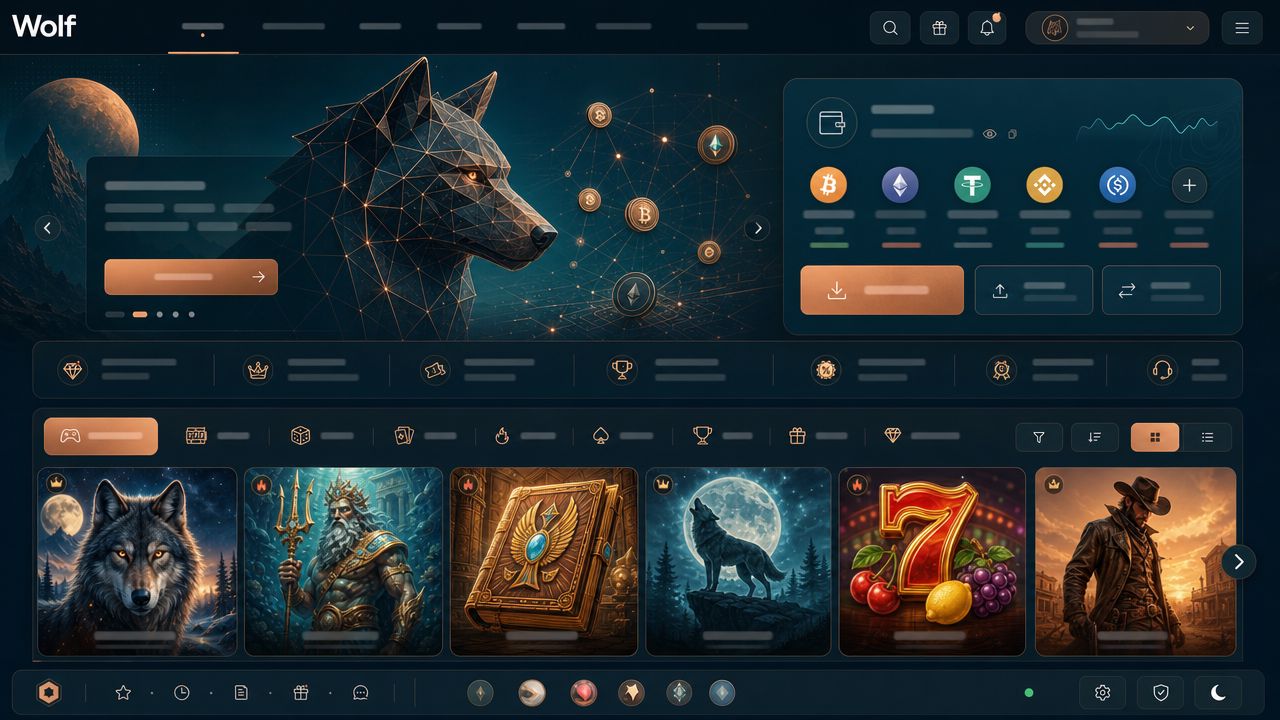 Startseite von Wolf.io mit Wallet-Widget und Spielkategorien