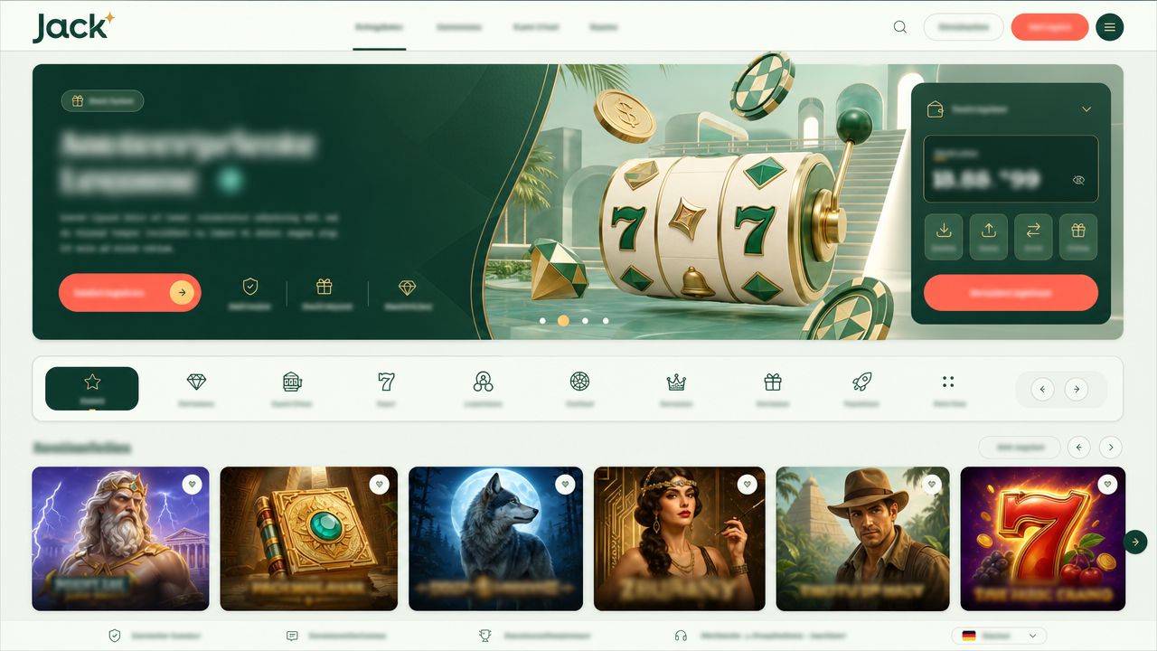 Startseite von Jack mit Spielkategorien und illustrierten Spielkacheln