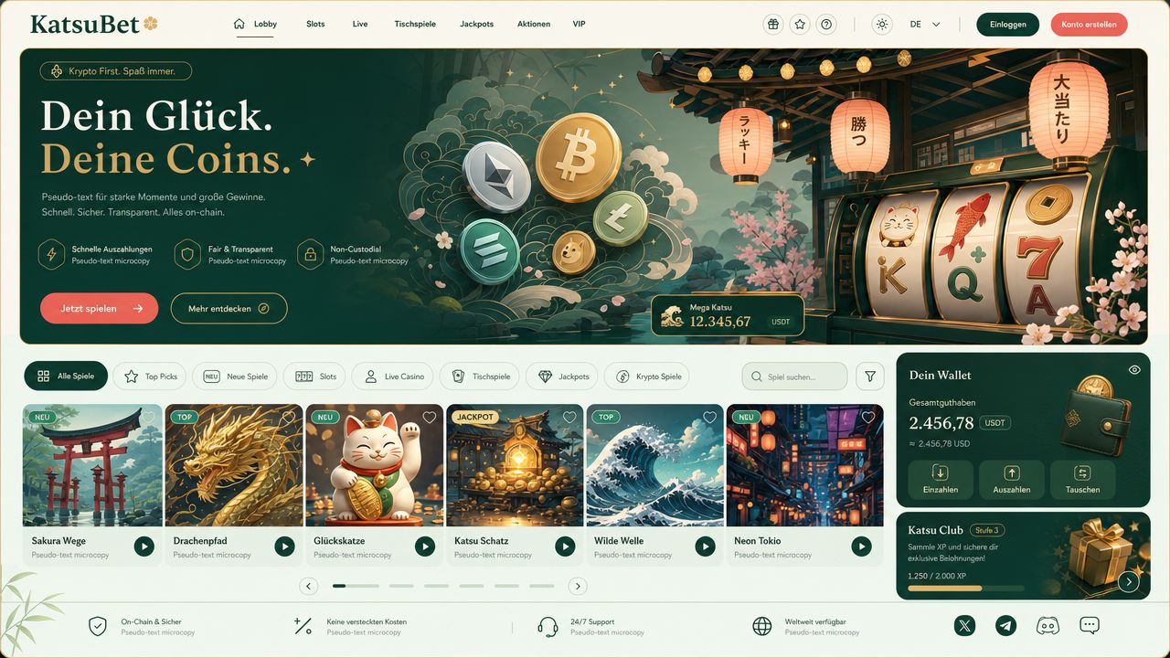 Startseite von KatsuBet mit Spielkategorien, Spielekacheln und Wallet-Bereich